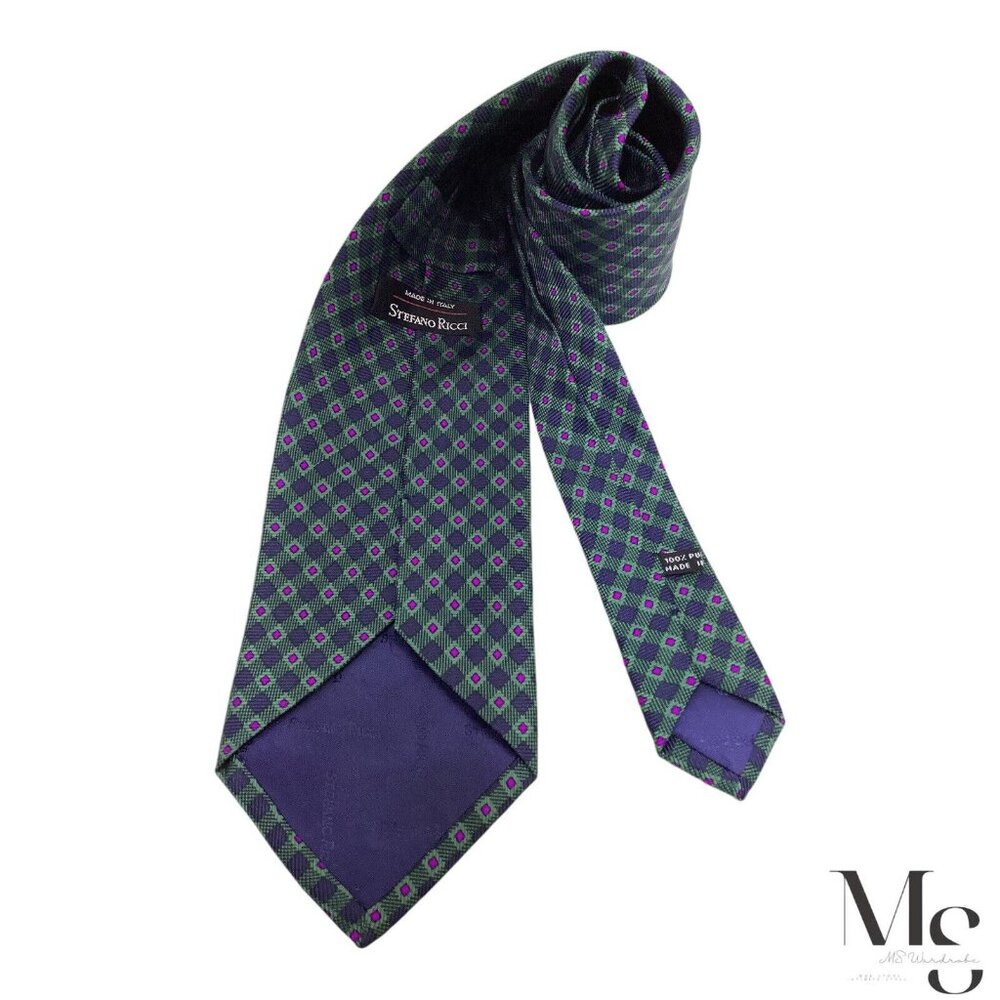 STEFANO RICCI XL Green Geometric Silk Tie Made In Italy W:4" EX COND